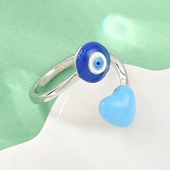 Platinum Brass Cuff Open Rings for Women, with Enamel, Evil Eye, Cadmium Free & Lead Free, Rack Plating, Long-Lasting Plated, Platinum, 2~9mm, US Size 7 1/4(17.5mm)