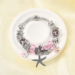 Античный Серебристый & Платиновый Сплав эмаль европейские бусины браслеты с подвесками, браслеты из змеиной цепи для женщин, морская звезда, цветок и морская черепаха, смолой и горный хрусталь, без свинца и без кадмия, старинное серебро и платина, 7-1/2 дюйм (19 см)