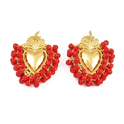 Red Alloy & Glass Seed Beaded Pendants, Heart Charm, Long-Lasting Plated, Rack Plating, Cadmium Free & Lead Free, with Brass Jump Ring, Golden, Red, 32x27x8mm, Hole: 5mm