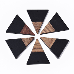 Black Resin & Walnut Wood Pendants, Triangle, Black, 37x31x3.5mm, Hole: 1.8mm