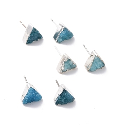 Turquoise Natural Quartz Crystal Ear Studs, Triangle, with Brass Pins, Silver Color Plated, Turquoise, 10x11x6mm, Pin: 0.7mm