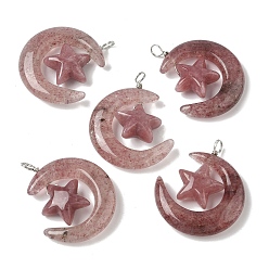Клубничный Кварц Натуральные кварцевые подвески из клубники, луна со звездными чарами, с петлями из медной проволоки, платина, 36~37x27~28x7.5~8 мм, отверстие : 4 мм