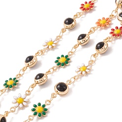 Colorful Brass Link Chains, with Glass Flat Round & Enamel Flower Links, Soldered, with Spool, Lead Free & Cadmium Free, Golden, Colorful, Link: 2.5x4x0.5mm, 7x12.5x2mm, 6x12x4.5mm