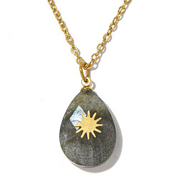 Labradorite Natural Labradorite Faceted Teardrop Pendant 304 Stainless Steel Cable Chain Necklaces for Women, Golden, 15.75 inch(40cm)