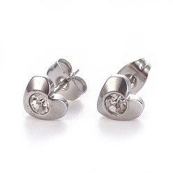 Stainless Steel Color 304 Stainless Steel Rhinestone Stud Earrings, with Ear Nuts/Earring Back, Heart, Stainless Steel Color, 7x7.5mm, Pin: 0.7mm, 12pairs/card