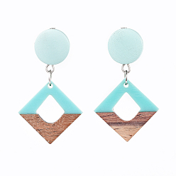 Deep Sky Blue Resin & Wood Dangle Earrings, with Pear Wood Beads and 304 Stainless Steel Stud Earring Findings, Plastic Ear Nuts, Rhombus, Deep Sky Blue, 48mm, Pin: 0.7mm