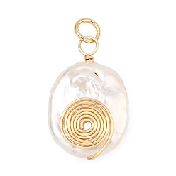 Oval Подвески из натурального барочного жемчуга кеши, обмотанного спиральной медной проволокой., белые, золотые, овальные амулеты, 22~23x14x5 мм, Перейти кольцо: 5x0.8 мм, внутренний диаметр: 3.5 мм