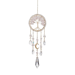 Золотой Натуральный розовый кварц, медная проволока, обернутая древом жизни, подвесные украшения, Конус/капля стеклянная кисточка для ловли солнца для дома и улицы, золотые, 314 мм