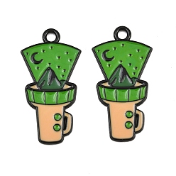 Lime Green Baking Paint Alloy Enamel Pendants, Flashlight with Mountain Charms, Black, Lime Green, 31x16x1mm, Hole: 2mm
