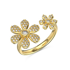 Настоящее золото 18K Открытые манжеты для женщин из стерлингового серебра с микропаве и прозрачным фианитом в виде цветка 925, реальный 18 k позолоченный, внутренний диаметр: 16.2 мм