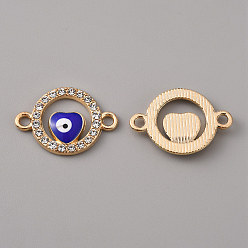 Medium Blue Alloy Enamel Evil Eye Connector Charms, with Crystal Rhinestones, Light Gold, Flat Round with Heart, Medium Blue, 15x21.50x2.50mm,Hole:2mm