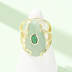 Green Aventurine Natural Green Aventurine Cuff Rings, Teardrop, Brass Pave Cubic Zirconia Cuff Open Rings, Faceted, Golden, 26.5mm, Inner Diameter: 18mm