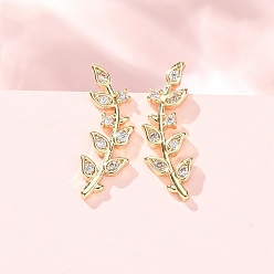 Clear Brass Pave Cubic Zirconia Stud Crawler Earrings, Leaf, Real 18K Gold Plated, Cadmium Free & Lead Free, Long-Lasting Plated, Rack Plating, Clear, 18x6x6.5mm