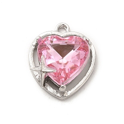 Platinum Alloy Cubic Zirconia Pendants, Heart with Star Charm, Platinum, 18.5x15x7mm, Hole: 1.6mm