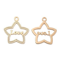 Light Gold Long-Lasting Plated Brass Pendant Rhinestone Setting, Star with Word Love Charms, Cadmium Free & Nickel Free & Lead Free, Light Gold, 13.5x12x0.3mm, Hole: 1.2mm, Fit For 0.5mm Rhinestone