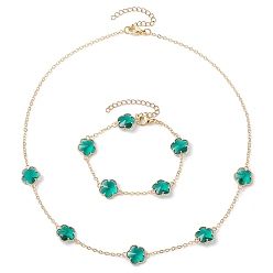 Зеленый лайм Наборы ожерелий и браслетов со стеклянными звеньями из сливового цветка, латунные цепочки для женщин ювелирные наборы, зеленый лайм, 7-1/8 дюйм (18 см)