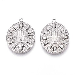 Нержавеющая Сталь Цвет 304 микро нержавеющей стали прокладывать Цирконом подвески, рука хамса/рука фатимы/рука мириам и овал, цвет нержавеющей стали, 27x20x2.5 мм, отверстие : 1.8 мм