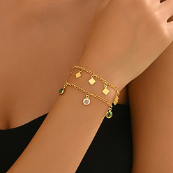 Золотой Латунные многорядные браслеты с цепочкой панциря, стеклянные плоские круглые и квадратные браслеты с подвесками для женщин, золотые, 1/4 дюйм (0.6 см), внутренний диаметр: 6-3/4 дюйм (17 см)