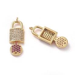 Золотой Соединители из латуни с микропаве и кубическим цирконием, Замок и ключ, очистить и фуксия, золотые, 26.2x9x3.2 мм, отверстие : 0.7 мм