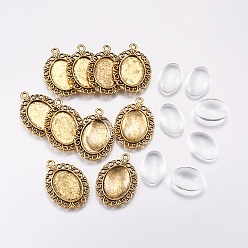 Античное Золото Поделки кулон решений, с тибетским стилем сплава подвески кабошон настройки и прозрачные стеклянные кабошоны, овальные, античное золото , Кулон : 29.5x21x2 мм, отверстие: 2 мм, кабошон: 13x18x4 мм, 2 шт / комплект