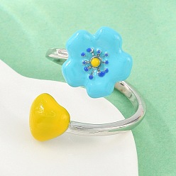 Deep Sky Blue Brass Cuff Open Rings for Women, Flower, with Enamel, Cadmium Free & Lead Free, Rack Plating, Long-Lasting Plated, Platinum, Deep Sky Blue, US Size 7 1/4(17.5mm)