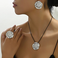 Платина Комплекты из ожерелий с подвесками из железа и вощеного шнура, серег-гвоздиков и колец, плоско-круглые, платина, 440 мм