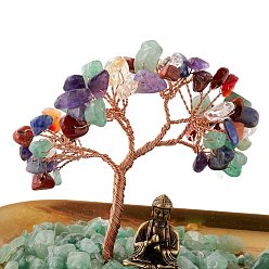 Mixed Stone Natural Gemstone Chips with Brass Incense Burner Holder, with Rose Gold Plated Brass Wires and Buddha, Lucky Tree, 83.5x180x85~100mm
