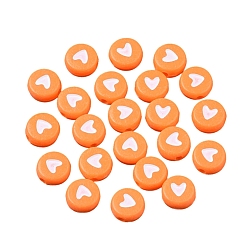 Dark Orange Opaque Acrylic Beads, Flat Round with White Heart, Dark Orange, 7x4mm, Hole: 1.5mm, about 1480pcs/200g