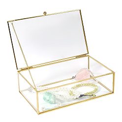 Clear Transparent Glass Jewelry Organizer Display Cases with Metal Frame, Golden, Rectangle, Clear, 20.2x13x6.1cm