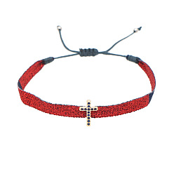 Red Vintage Bohemian Cotton Cord Braided Bracelets with Brass Micro Pave Blue Cubic Zirconia Religion Cross Beads, Adjustable Handmade Ethnic Style Wristbands, Golden, Red