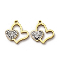 Золотой 304 подвески из нержавеющей стали и глиняных страз, сердце, ионное покрытие (ip), золотые, 17.5x17x2.5 мм, отверстие : 1.6 мм