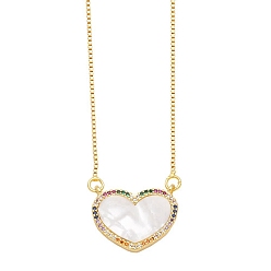 Colorful Shell Pendant Necklaces, with Brass Micro Pave Cubic Zirconia Finding, Heart, Colorful, 17.72 inch(45cm)