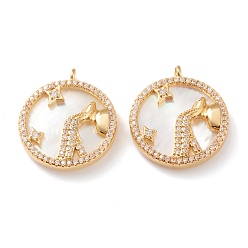 Водолей Настоящие 18 k позолоченные латунные подвески с микропаве и прозрачным кубическим цирконием, с оболочкой, долговечный, плоские круглые с созвездием, Водолей, 21x18x3 мм, отверстие : 1.8 мм