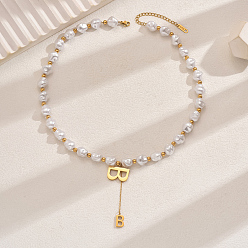 Белый Элегантные бусины-подвески из нержавеющей стали в форме буквы B с имитацией жемчуга для женщин, золотые, белые, 16.34 дюйм (41.5 см)