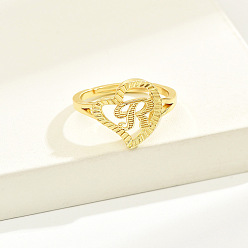 Letter R Латунные алфавитные регулируемые кольца для женщин, без кадмия, без никеля и без свинца, с сердцем, Буква R, 17 мм, размер США 6 1/4 (16.7 мм)