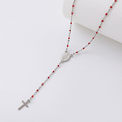 Red Vintage Resin Rosary Bead Necklaces, 304 Stainless Steel Religion Cross Virgin Pendant Necklaces for Women Men, Silver Color Plated, Red, 17.72 inch(45cm)