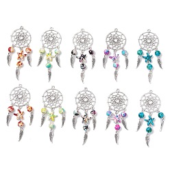 Античное Серебро Тканая сетка / паутина с подвесками из перьевого сплава, с подвесками из синтетических бирюзовых бусин, античное серебро, 78x28.5x8 мм, отверстие : 1.8 мм