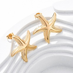 Золотой 304 серьги-гвоздики из нержавеющей стали для женщин, морская звезда, золотые, 24x24.5 мм