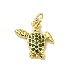 Turtle Подвески из настоящей 18k-позолоченной латуни с зеленым фианитом, без кадмия, без никеля и без свинца, с прыжковых колец, черепаха, 14.5x14.5x3.5 мм, отверстие : 3 мм