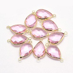Бледно-Розовый Золотистые латунные стеклянные каплевидные соединители, розовый жемчуг, 21x11x5 мм, отверстие : 2 мм