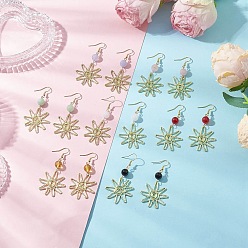 Смешанные камни Сплав смешанный камень болтаться серьги, цветы, золотой свет, 62x31.5 мм