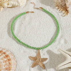 Бледно-Зеленый Кулон в виде морской звезды из морского сплава, ожерелье из витого хлопкового шнура., золотые, бледно-зеленый, 16.73 дюйм (42.5 см), Кулон : 56x50 мм