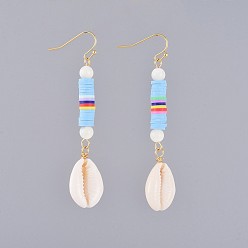 Sky Blue Dangle Earrings, with Polymer Clay Heishi Beads, Natural Spiral Shell Round Beads, Cowrie Shell Beads and Real 18K Gold Plated Brass Earring Hooks, Sky Blue, 75mm, Pin: 0.7mm