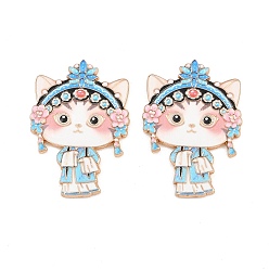 Aqua Peking Opera Cat Alloy Enamel Cabochons, with Self Adhesive Sticker, Light Gold, Aqua, 32x22x1.5mm
