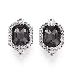 Платина Подвески-коннекторы из латуни с микропаве из прозрачного кубического циркония и стекла, черные прямоугольные ссылки, платина, 15x9x5 мм, отверстие : 1.2 мм