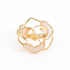 Real 18K Gold Plated Brass Peg Bails Cuff Finger Ring Settings, with Natural Shell, for Half Drilled Bead, Nickel Free, Flower, Real 18K Gold Plated, US Size 7 1/4(17.5mm), Pin: 0.7m