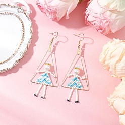 Темно-Голубой Девушка с треугольными латунными стеклянными бусинами висячие серьги, золотые, глубокое синее небо, 87x34.5 мм