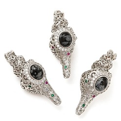 Снежный Обсидиан Естественно снежинка обсидиана подвески, стойка покрытие латунь цветные стразы форма раковины подвески, без свинца и без кадмия, платина, 49x20x19 мм, отверстие : 7x3 мм