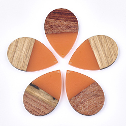 Light Salmon Resin & Walnut Wood Pendants, Teardrop, Light Salmon, 49x32x4mm, Hole: 1.8mm
