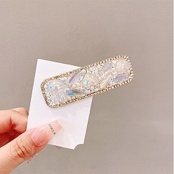 (404) Непрозрачное AB Кислое яблоко Заколки для волос со стеклянными и искусственными жемчужинами, прямоугольные, цветочный белый, 80x25 мм